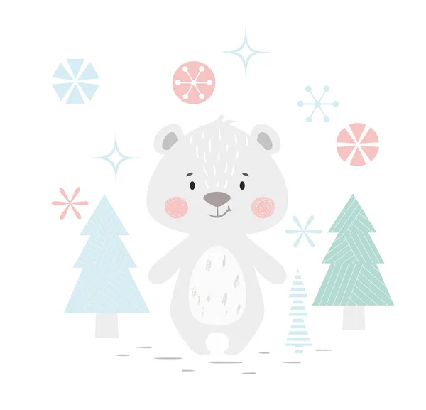 Oso bebé estampado de invierno. Lindo animal en el bosque nevado tarjeta de Navidad . — Vector de stock