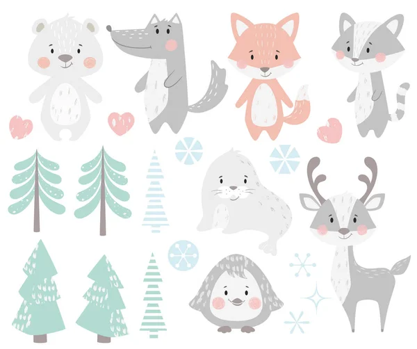 Rendieren, wasbeer, zegel, wolf, pinguïn, bear, fox winter babyset. — Stockvector