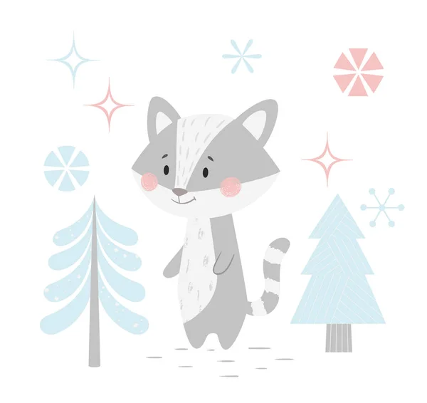 Waschbär Baby Winter Print. niedlicher Kokon im verschneiten Wald Weihnachtskarte. — Stockvektor