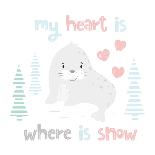 Seal baby winter print. Cute animal in snowy forest christmas card. — Stock Vector