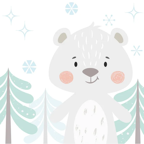 Tragen Baby Winter Print. niedliches Tier im verschneiten Wald Weihnachtskarte. — Stockvektor