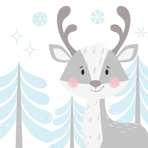 Deer baby winter print. Cute animal in snowy forest christmas card. — Stock Vector