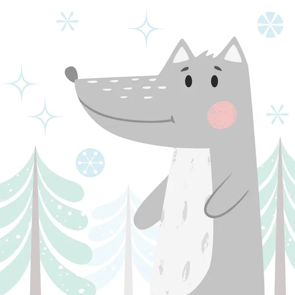 Lobo bebé impresión de invierno. Lindo animal en el bosque nevado tarjeta de Navidad . — Vector de stock