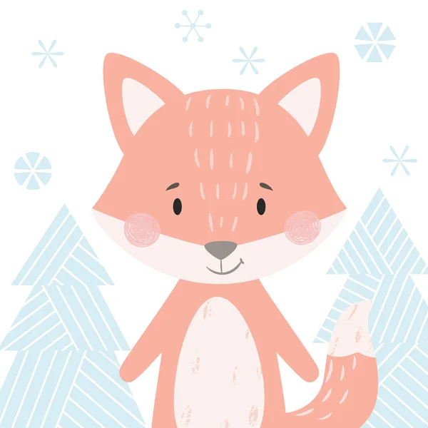 Fox baby druku zima. Słodkie zwierzęta w śnieżnym lesie kartki świąteczne. — Wektor stockowy