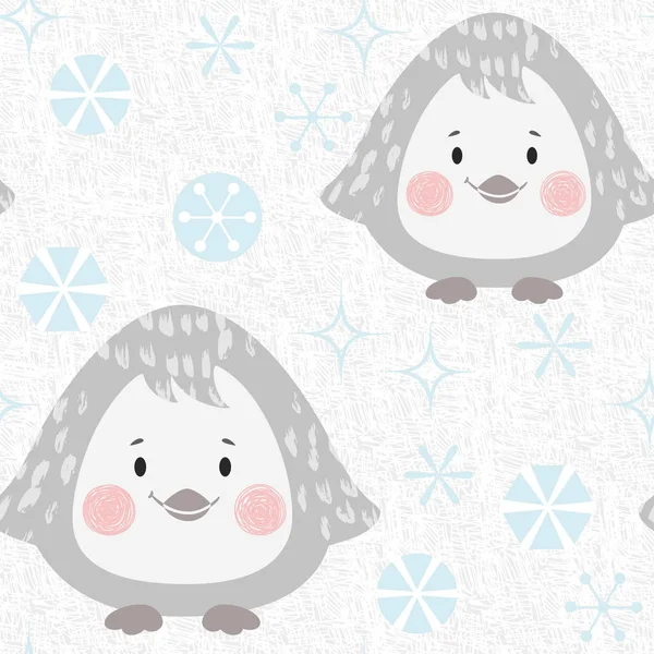 企鹅宝宝冬季无缝模式。可爱的动物在雪森林圣诞节打印. — 图库矢量图片