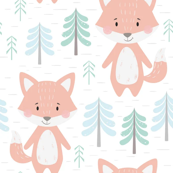 Fox bébé hiver patron sans couture. Mignon animal dans la forêt enneigée imprimé de Noël — Image vectorielle