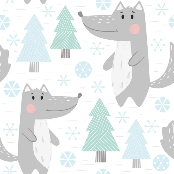 Wolf baby winter seamless pattern. Cute animal in snowy forest christmas print. — Stock Vector