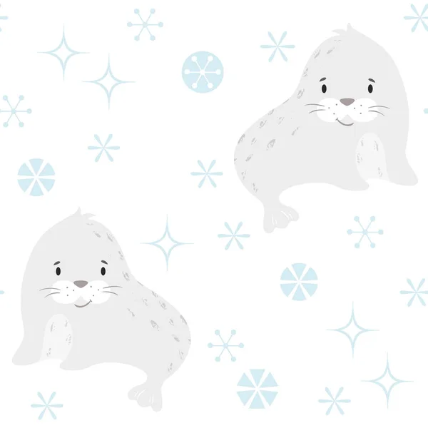 シールは赤ちゃん冬シームレス パターンです。雪に覆われた森のクリスマス プリントでかわいい動物. — ストックベクタ