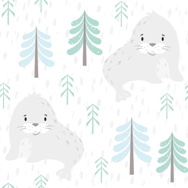 Sigilla bambino inverno modello senza cuciture. Carino animale nella foresta innevata stampa natalizia . — Vettoriale Stock