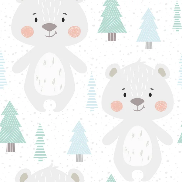 Oso bebé invierno patrón sin costuras. Lindo animal en el bosque nevado impresión de Navidad . — Vector de stock