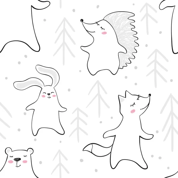 Tančící medvěd, liška, bunny, Ježek v lese dítě bezešvé pattern. Roztomilé zvíře poslouchá hudbu s jedle. — Stockový vektor