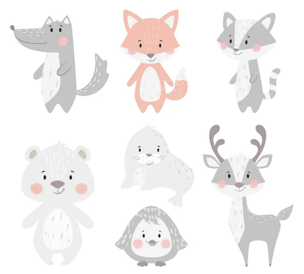 Renne, raton laveur, phoque, loup, pingouin, ours, renard ensemble bébé hiver. Illustration animale mignonne — Image vectorielle