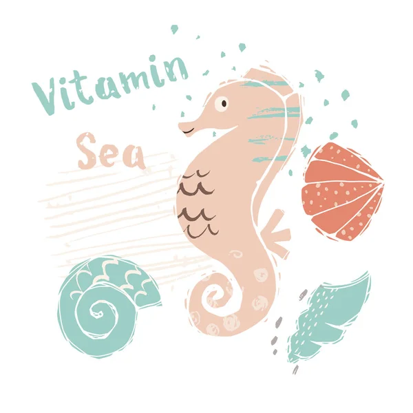 Seahorse baby cute print. Sweet sea animal. Vitamin sea - text slogan. — Stock Vector