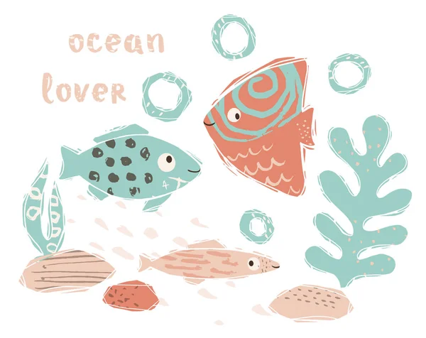 Ψάρια μωρό χαριτωμένο εκτύπωσης. Γλυκιά θάλασσα ζώο. Ωκεάνιο εραστή - κείμενο σύνθημα. — Διανυσματικό Αρχείο