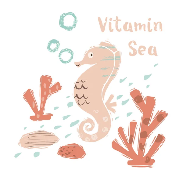 Seahorse μωρό χαριτωμένο εκτύπωσης. Γλυκιά θάλασσα ζώο. Βιταμίνη θάλασσα - κείμενο σύνθημα. — Διανυσματικό Αρχείο
