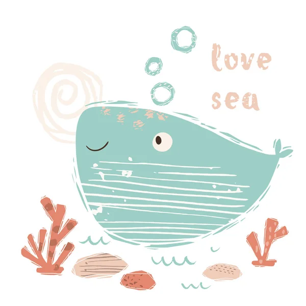 Φάλαινα μωρό χαριτωμένο εκτύπωσης. Γλυκό θαλάσσιων ζώων. Θάλασσα η αγάπη - κείμενο σύνθημα. — Διανυσματικό Αρχείο