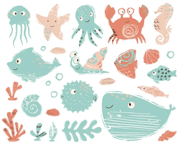 Seahorse, octopus, krab, slak, fuga vis, zeester, walvis, dolfijn, kwal baby schattig illustratie. Zoete zeedieren. — Stockvector