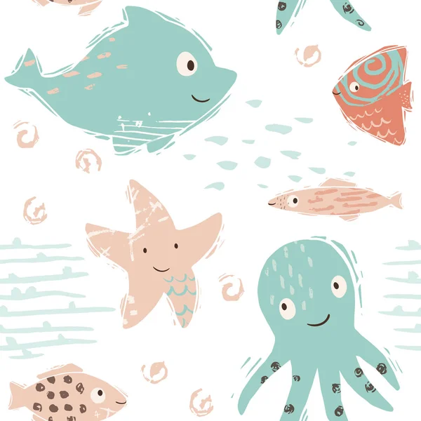 Θάλασσα χαριτωμένο μωρό μοτίβο άνευ ραφής. Γλυκό αστερίες, ψάρια, χταπόδι εκτύπωσης — Διανυσματικό Αρχείο