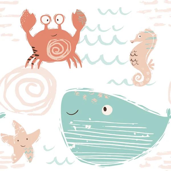 Zee baby schattig naadloze patroon. Zoete krab, zeester, seahorse, walvis print — Stockvector