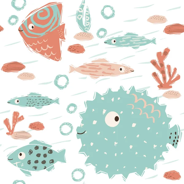 Morze baby cute jednolity wzór. Słodka ryba i fuga, algi, korale drukowania — Wektor stockowy