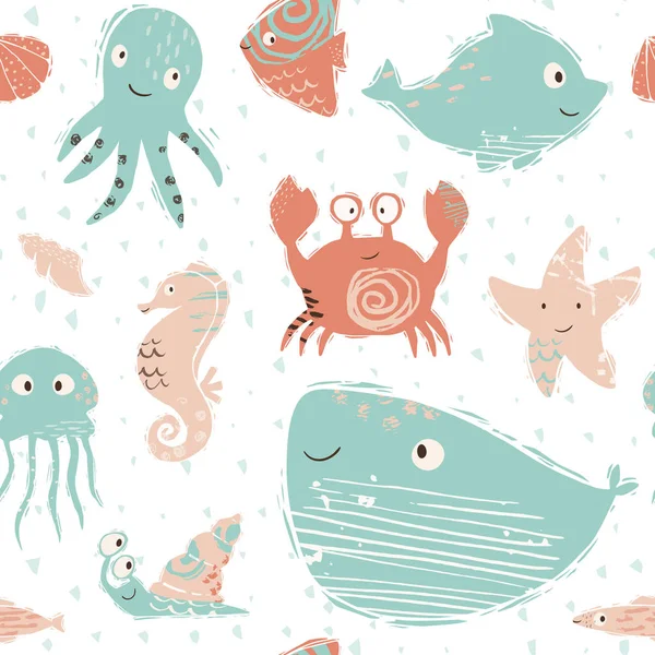 Sea baby cute seamless pattern. Octopus, dolphin, jellyfish, seahorse, starfish, crab, snail, whale print — Stock Vector