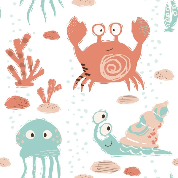 Sea baby cute seamless pattern. Sweet crab, snail, jellyfish, corals print — Stock Vector