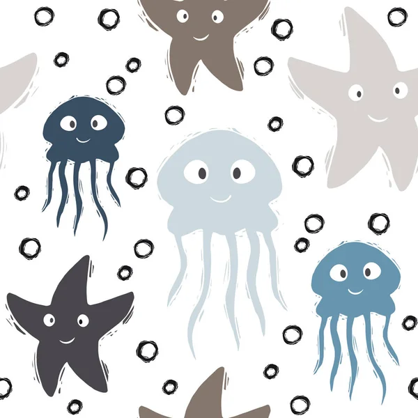 Sea baby cute seamless pattern. Sweet jellyfish, starfish and bubbles print — Stock Vector