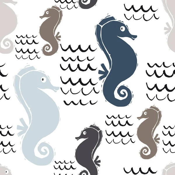 Sea baby cute seamless pattern. Sweet seahorse and wave print — Stock Vector