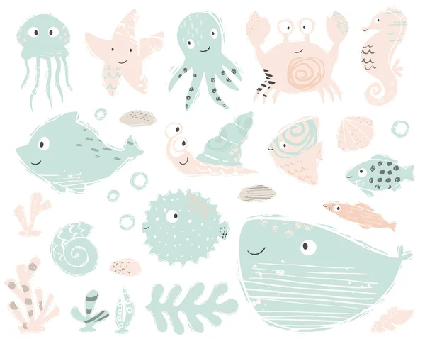 Seahorse, octopus, krab, slak, fuga vis, zeester, walvis, dolfijn, kwal baby schattig illustratie. Zoete zeedieren. — Stockvector