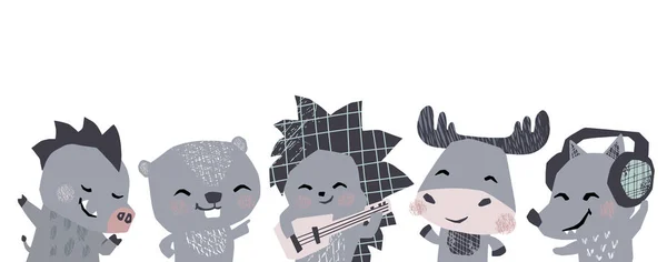 Moose, hedgehog, wolf, boar, beaver musik band cute banner. Animals dance, plays guitar, lisen headphones.