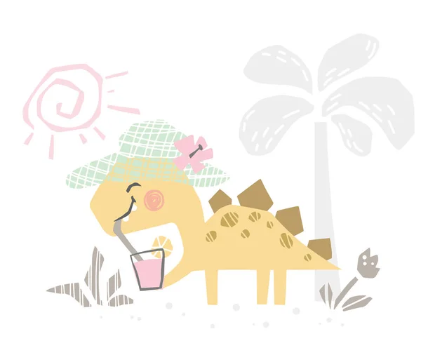 Dinosaur baby met coctail leuke print. Zoete Dino dreank SAP op het strand. — Stockvector