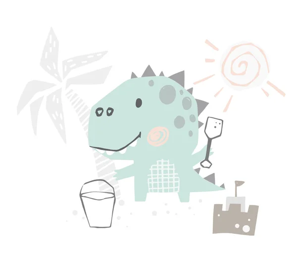 Bebé dinosaurio lindo con estampado de espátula. Sweet dino construye un castillo de arena en la playa. Verano — Vector de stock