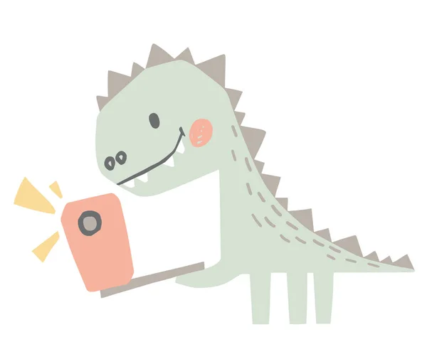 Dinosaur baby with phone cute print. Sweet dino makes a selfie — Stock Vector