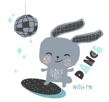 Bunny bebek dans sevimli baskı. Tatlı tavşan müzik dinle.