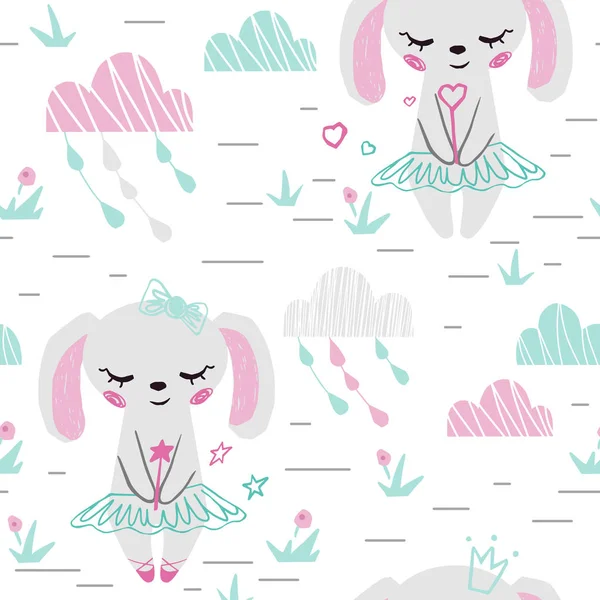 Bunny Baby Girl cute bezszwowe wzór. Słodki królik z magiczną różdżką, łuk, Tutu, Pointe. — Wektor stockowy