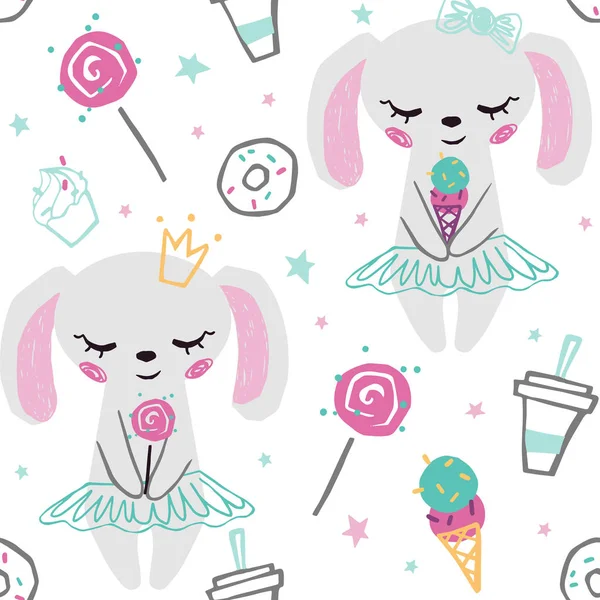Bunny bebê menina padrão sem costura bonito. Coelho doce com doces, pirulito, café, sorvete, tutu . — Vetor de Stock