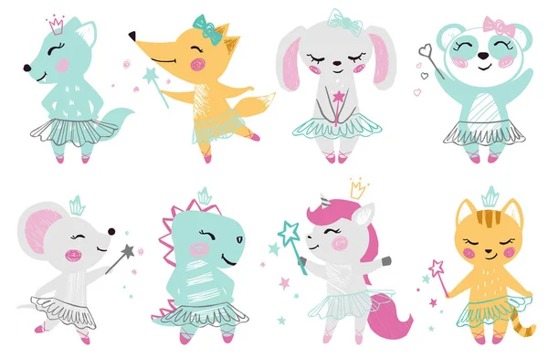 Animal niña lindo estampado. Unicornio, conejo, zorro, lobo, panda, ratón, gato, gatito, dinosaurio con varita mágica, arco, tutú de ballet, punta . — Vector de stock