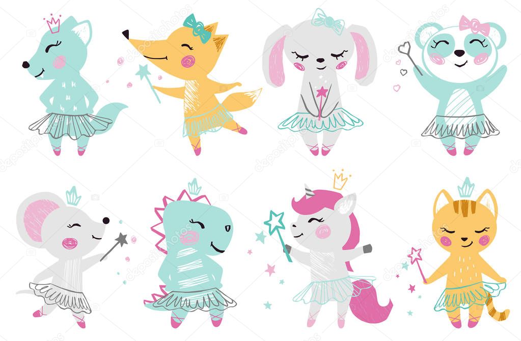 Animal baby girl cute print. Unicorn, bunny, fox, wolf, panda, mouse, cat, kitten, dinosaur with magic wand, bow, ballet tutu, pointe.