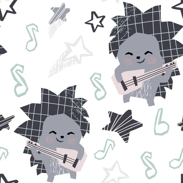 Hedgehog Baby Dance i grać gitar bezszwowe wzór. Słodkie zwierzę słuchać muzyki. Impreza Disco retro — Wektor stockowy