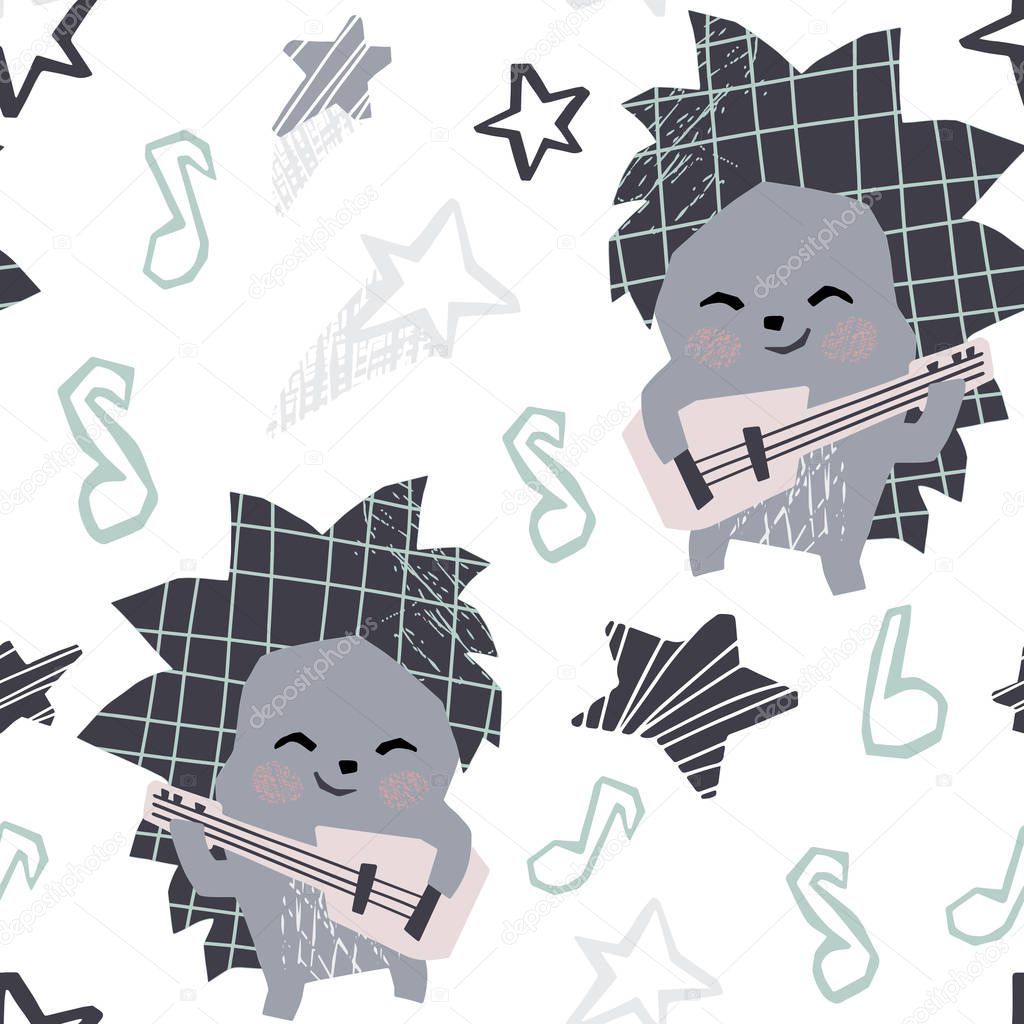 Hedgehog baby dance and play gitar seamless pattern. Sweet animal listen to music. Disco retro party