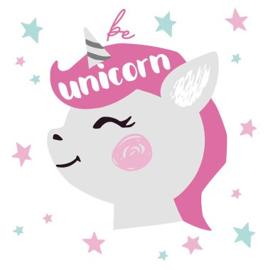 Unicorn kız bebek sevimli baskı yüz. Yıldızla tatlı midilli kafası. Tek boynuzlu at sloganı olun.