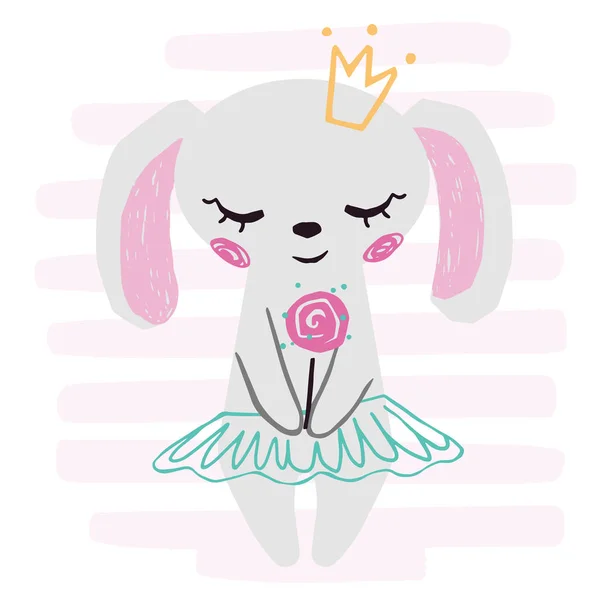 Lapin bébé fille imprimé mignon. Lapin doux avec sucette sucrée, jupe de ballet, couronne . — Image vectorielle
