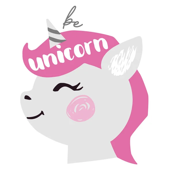Unicorn kız bebek sevimli baskı yüz. Tatlı midilli kafası. Tek boynuzlu at sloganı olun. — Stok Vektör