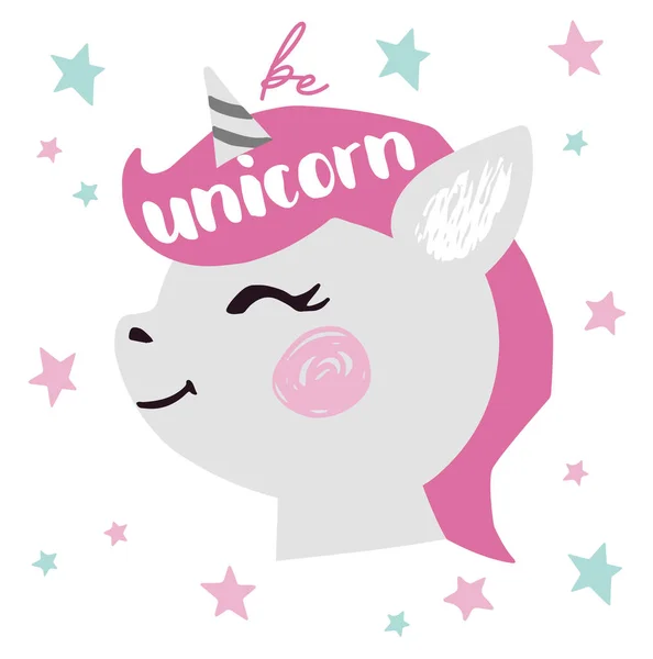 Unicorn kız bebek sevimli baskı yüz. Yıldızla tatlı midilli kafası. Tek boynuzlu at sloganı olun. — Stok Vektör