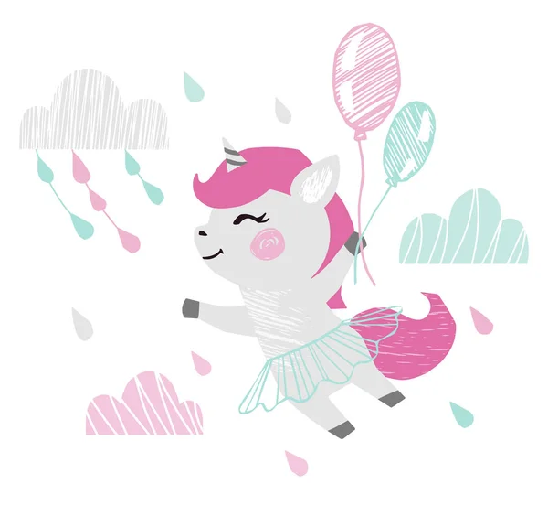 Roztomilá holčička. Sladký králík letící na balóny mezi mraky s lukem, baletky, špičkové boty. — Stockový vektor