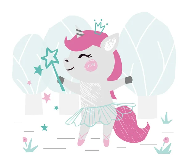 Impresión linda niña unicornio. Dulce pony con varita mágica, corona, tutú de ballet, zapatos puntiagudos en el bosque . — Archivo Imágenes Vectoriales