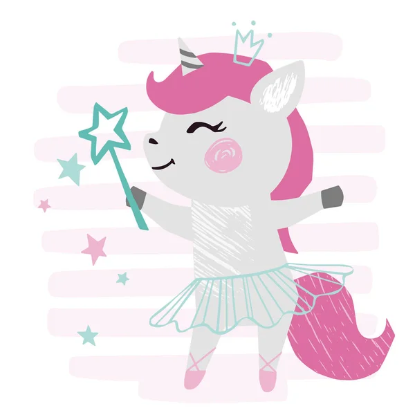 Impresión linda niña unicornio. Dulce pony con varita mágica, falda de ballet, corona sobre fondo rayado . — Archivo Imágenes Vectoriales