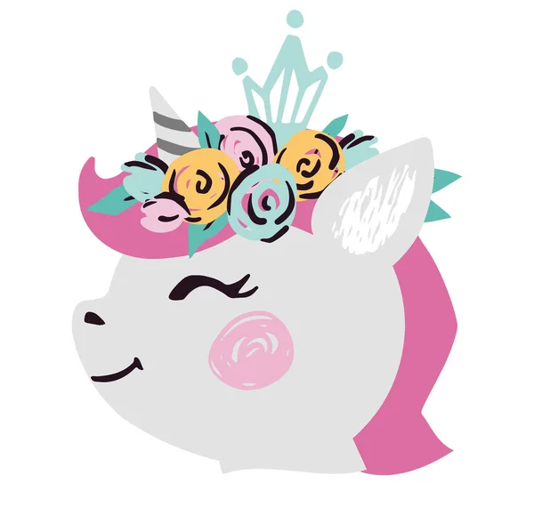 Unicorn kislány arca aranyos Print. Édes póni hercegnő fej koronával és virággal. — Stock Vector