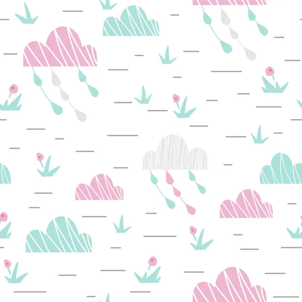 Landschaft mit Wolken und Gras Baby niedlichen nahtlosen Muster. süße coole Illustration für Kinderzimmer Tapete, T-Shirt, Kinderbekleidung, Babyprint, Party. einfaches mädchenhaftes Design — Stockvektor