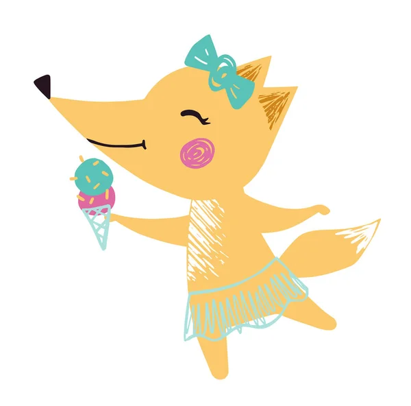 Fox niña linda impresión de verano. Animal dulce con helado dulce, falda de ballet, lazo . — Archivo Imágenes Vectoriales
